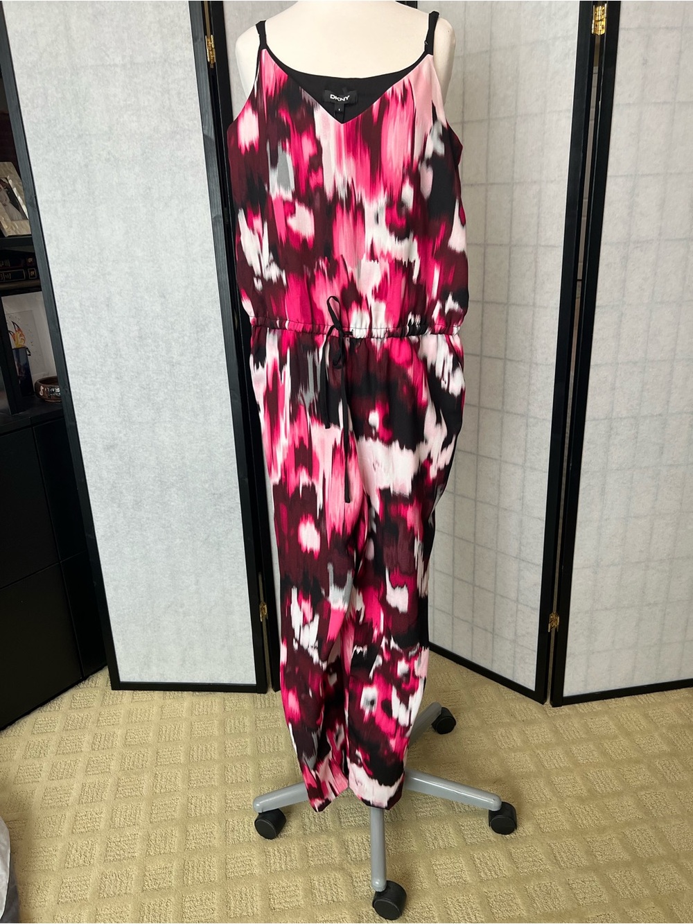 DKNY - Women's Pink & Black Printed Jumpsuit - Drawstring Waist
